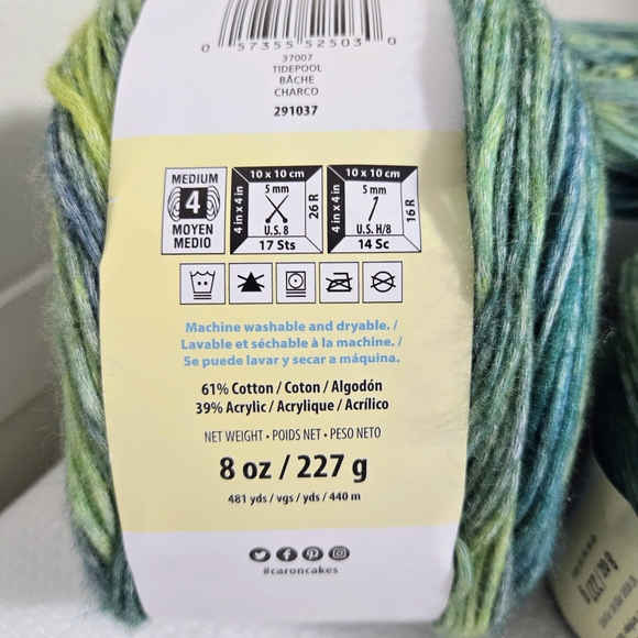 Caron Blossom Cakes Yarn Tidepool Green Blue Cotton Acrylic 3 Ct Knit Crochet - Picture 3 of 5